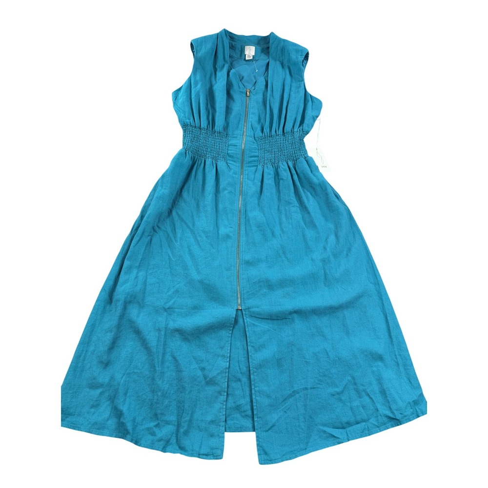 NWT Joie Women's 2X Sleeveless Linen Blend Dress Teal Blue‎ Midi Zip Front